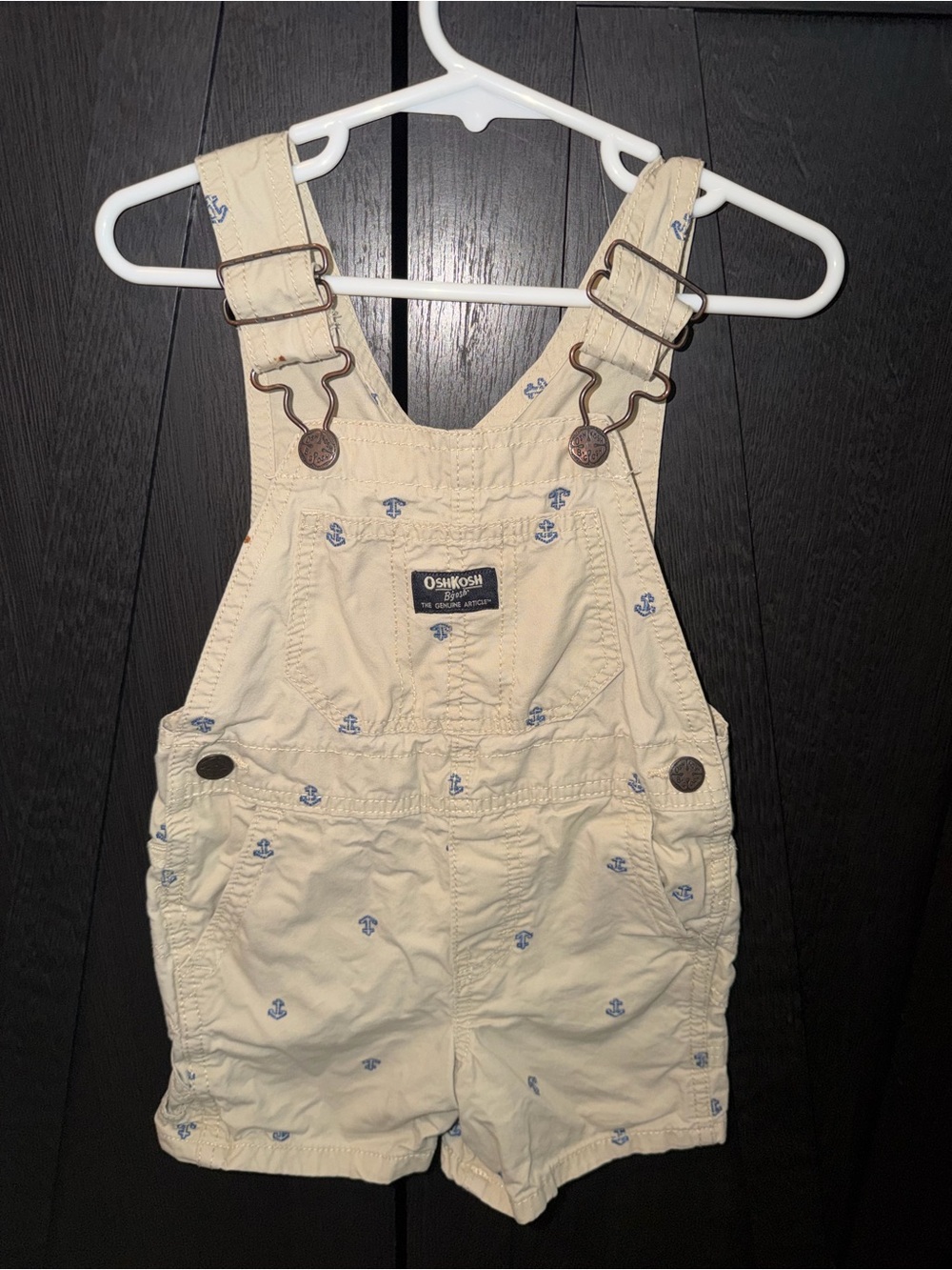 OshKosh B'gosh Cream Short Overalls with Blue Anchor Print